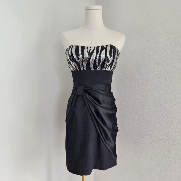 Y2K Strapless Zebra Sequin Mini Dress Black Satin Ruched Bodycon Homecoming XS - Picture 1 of 10